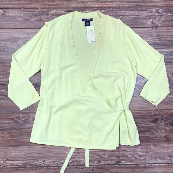 MAX EDITION Neon Green Tie Belt Knit Wrap Top Sweater Shirt Blouse SZ L C101961 - Picture 1 of 8